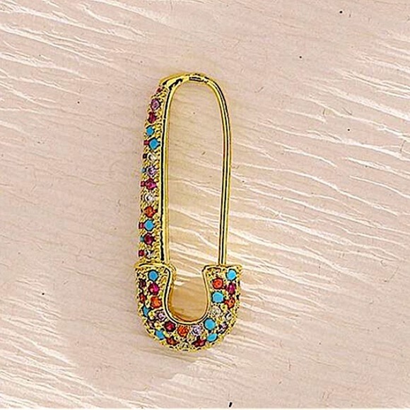 Gold Plated Rhinestone Safety-pin Earring, Multicolor, Punk, Hip Hop - Picture 6 of 8